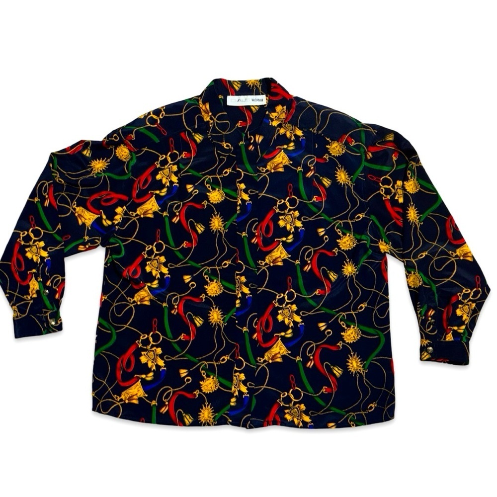Vintage 80s Festive Navy Plus Size Holiday Button Up long sleeve blouse shirt